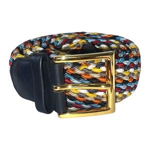 New, Italian Leather Multicolored Adjustable Woven Elastic Belt w/ Brass Buckle